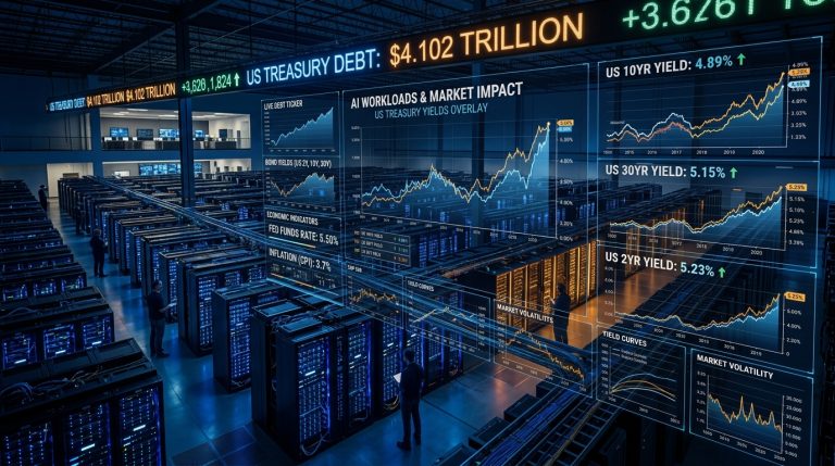 Biểu đồ nợ 4.100 tỷ USD và lợi suất trái phiếu kho bạc Mỹ phủ lên trung tâm dữ liệu AI