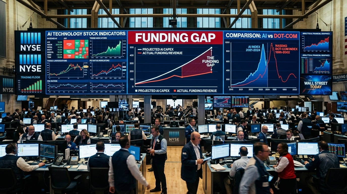 Sàn giao dịch chứng khoán New York với biểu đồ cảnh báo khoảng trống nguồn vốn Funding Gap