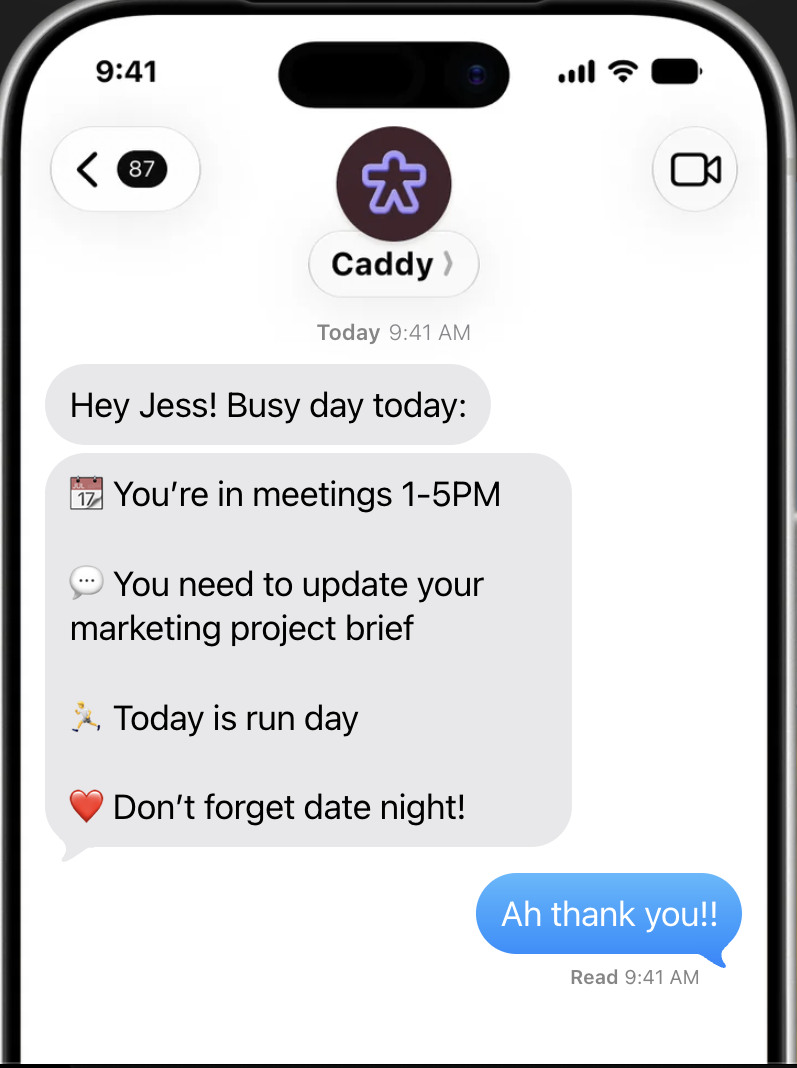Giao diện trợ lý AI Caddy hoạt động trực tiếp trên iMessage